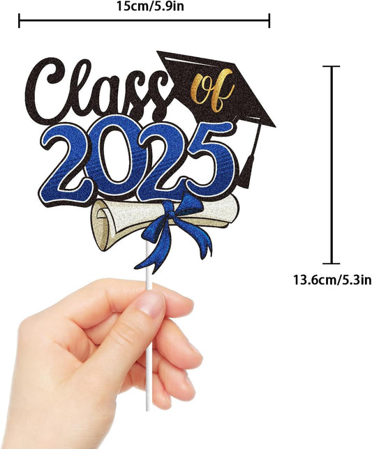 LINGBOOM Class of 2025 Happy Graduation Cake Topper Blue Glitter Grad 2025 Happy Graduation We are So Proud of You Cake Decorations Congrats Grad Party Supplies (Blue)