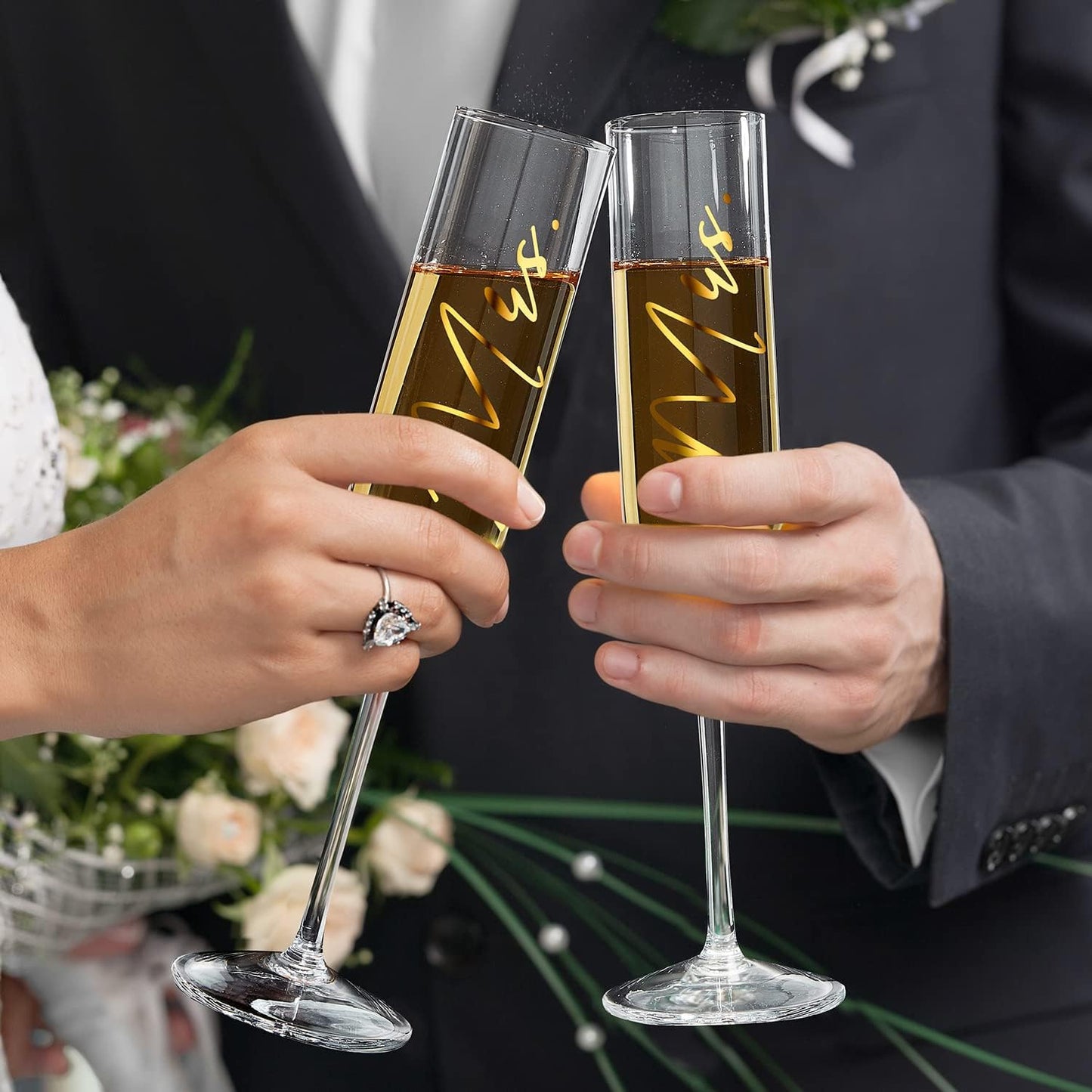AW BRIDAL Engagement Bridal Shower Wedding Gifts for Couple Newlyweds, Anniversary Mr Mrs Champagne Flutes Toasting Glasses Set of 2, Wedding Gold Cake Cutting Set with Wooden Box for Bride Groom