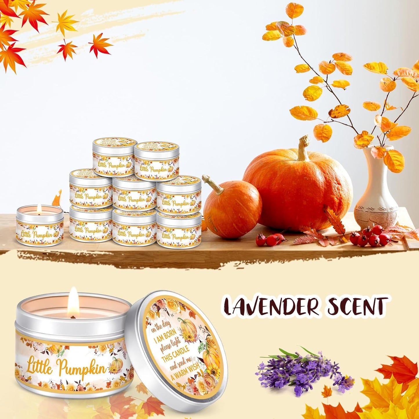 MTLEE 24 Pcs Fall Pumpkin Baby Shower Party Favors Candles Lavender Scented Baby Shower Favors for Guests Rustic Tealights Candles Gender Reveal Return Gifts Girl Boy(1.2 Oz, Yellow)