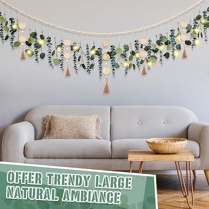 Juexica Artificial Hanging Eucalyptus Wall Decor Boho Bedroom Wall Decor with LED String Light for Home Office Farmhouse Nursery Bathroom Kitchen (Wooden Tassel)