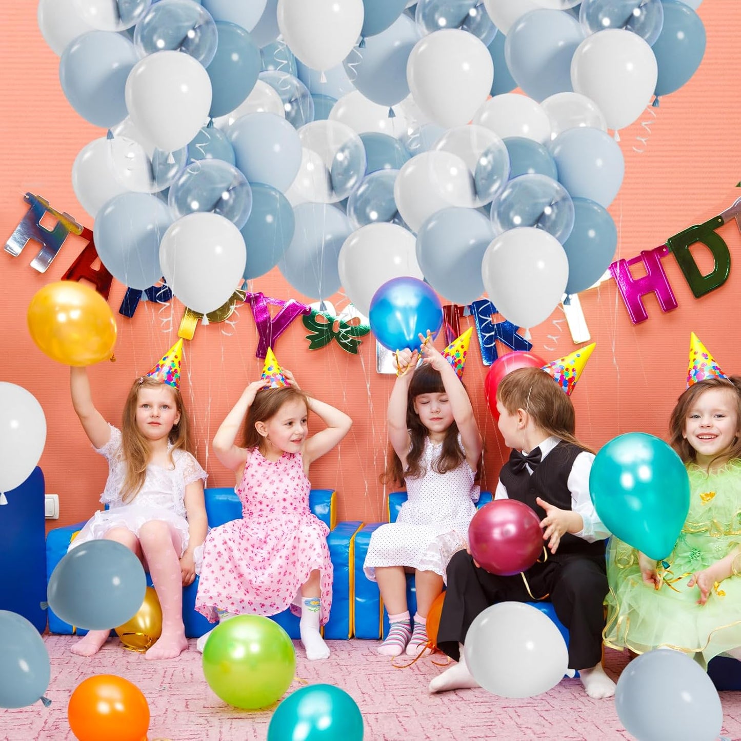 50pcs Dusty Blue Balloon Arch Kit, 12” Pastel Blue and White Clear Balloons for Birthday Wedding Baby Bridal Shower Themed Parties