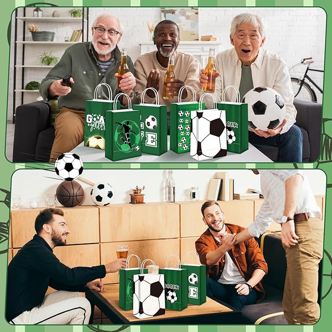 Outus 24 Pcs Soccer Party Favor Bags Soccer Goodie Gift Paper Bags with Handles Sports Ball Candy Treat Pouch for Sports Football Party Birthday Baby Shower Decorations Supplies