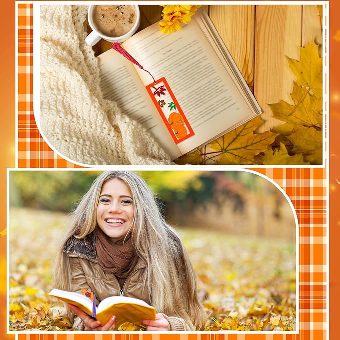 Yexiya 100 Pcs/50 Set Thanksgiving DIY Wooden Bookmarks Bulk for Book Lovers, Fall Bookmarks Decorations, Maple Leaf Pumpkin Book Markers for Women Men, Autumn Birthday Holiday Gift Art Project