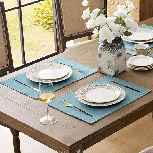 Romanstile Cloth Placemats Set of 4-12 x 18 Inch, Heat Resistant Double Layered Thickened Burlap Place Mats, Washable Linen Farmhouse Table Mats for Kitchen/Dining/Party/Outdoor, Teal