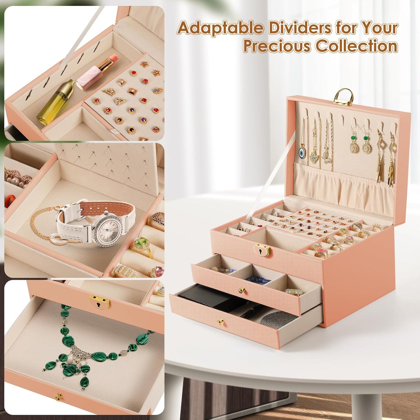 3 Layer Jewelry Box, Jewelry Holder with Lockable Drawer, Large Jewelry Boxes & Organizer with Velvet Earring Holder, Gifts for Mom Women