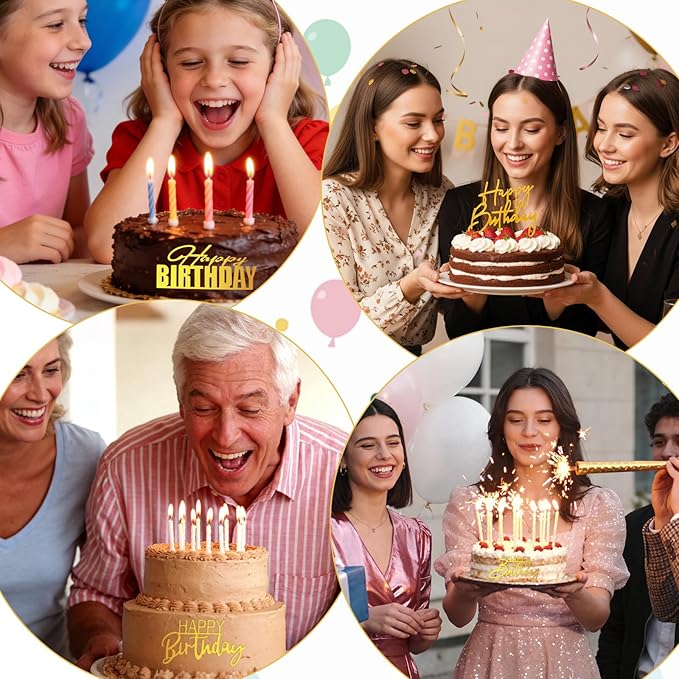 6 Pcs Happy Birthday Cake Toppers,6 Styles Gold Acrylic Happy Birthday Cake Topper Mirror Acrylic Birthdays Sign for Cakes Side Decoration Cakes Party Decorating Supplies
