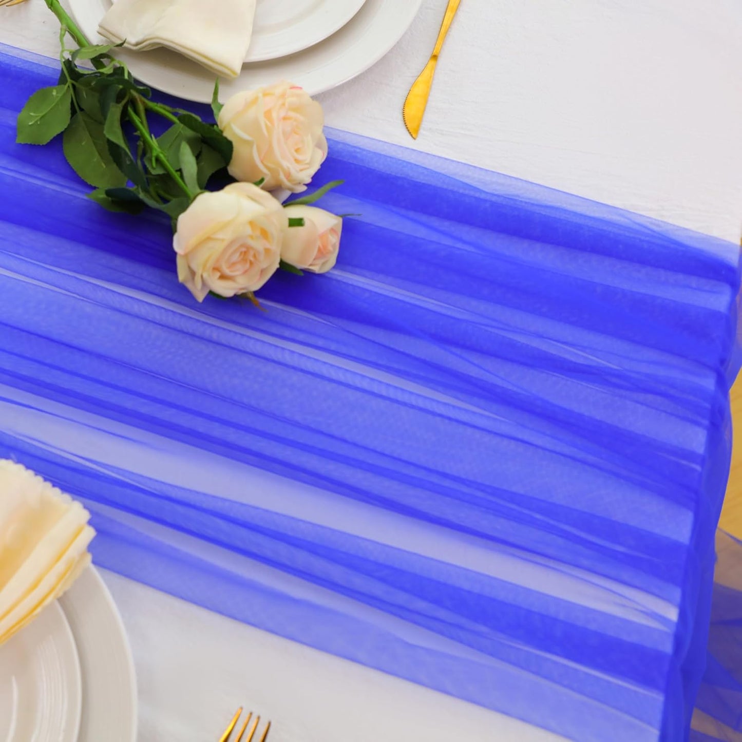 Snowkingdom Royal Blue Table Runner, 10FT Blue Tulle Rustic Gauze Cheesecloth Table Decorations, Long Boho Rustic Tulle Fabric Runners for Christmas Wedding Baby Shower Birthday Party Home Decor