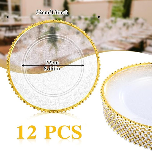 Hoolerry 12 Pack Clear Charger Plates Bulk 13 Inch Plastic Round Beaded Dinner Chargers Acrylic Frosted Grain Decorative Service Plates for Wedding Party Event, Home and Kitchen Tabletop (Gold)