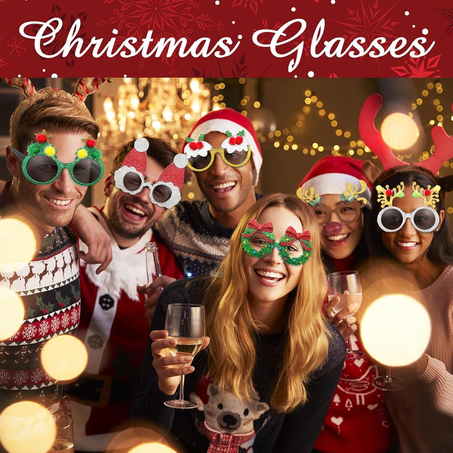 Pibupibu 8 Pack Merry Christmas Party Favors Funny Eyeglasses Set, Christmas Tree, Garland, Santa Claus, Elk, Snowman Eyewear