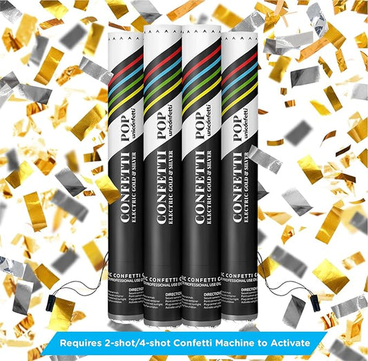 Electric Confetti Cannon Cartridges, 4pcs. - 16" Gold & Silver Confetti Poppers for Weddings, Parties, Events | Requires 2-shot/4-shot Machine to Activate