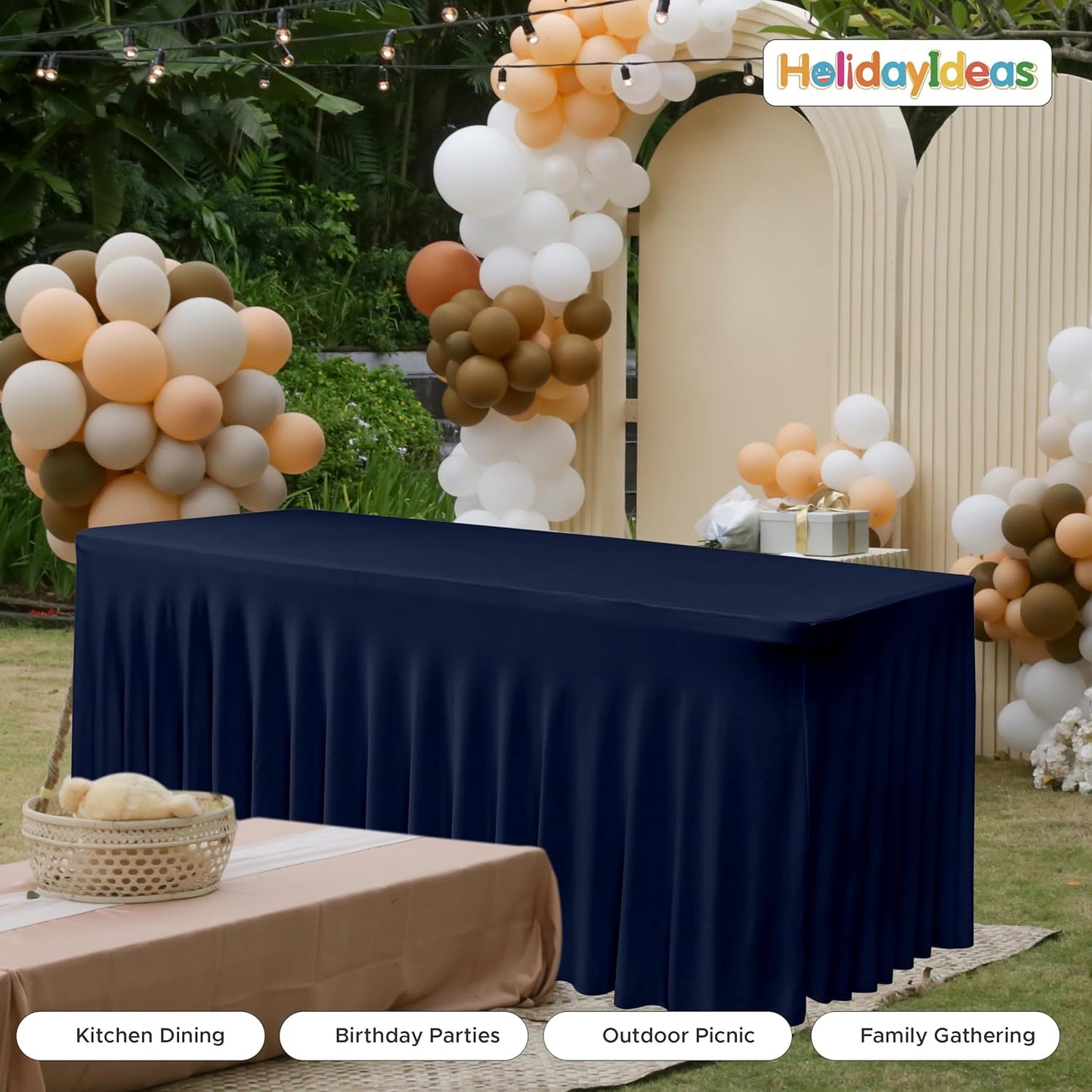 HolidayIdeas Spandex Table Skirts for Rectangle Tables 8 Ft, Fitted Stretch Table Cover 30x96 Inch, Wrinkle-Free Ruffle Design Tablecloths for Banquets,Trade Shows, Parties, Events, 4 Pack, Navy