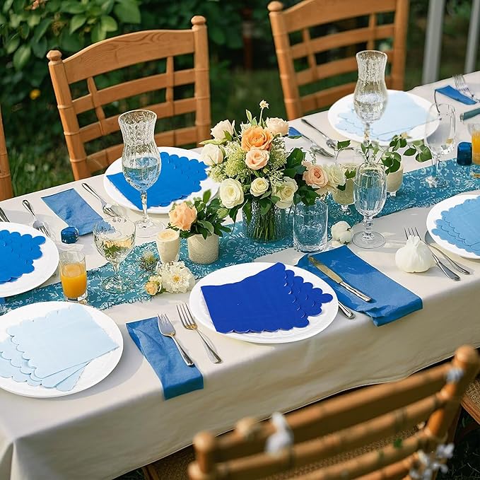 100 Pcs Blue Cocktail Napkins Folded 5 x 5 Scalloped Napkins Gradient Color Beverage Napkins Disposable Dessert Napkins for Birthday Party Supplies Wedding