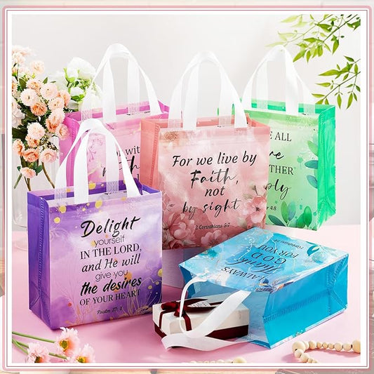 HunnmingRe 64 Pcs Christian Gift Bags Bulk, Easter Reusable Flower Religious Bible Verse Tote with Handles Non Woven Scripture Pastor Blessing Gift for Baptism Church Wedding Favors