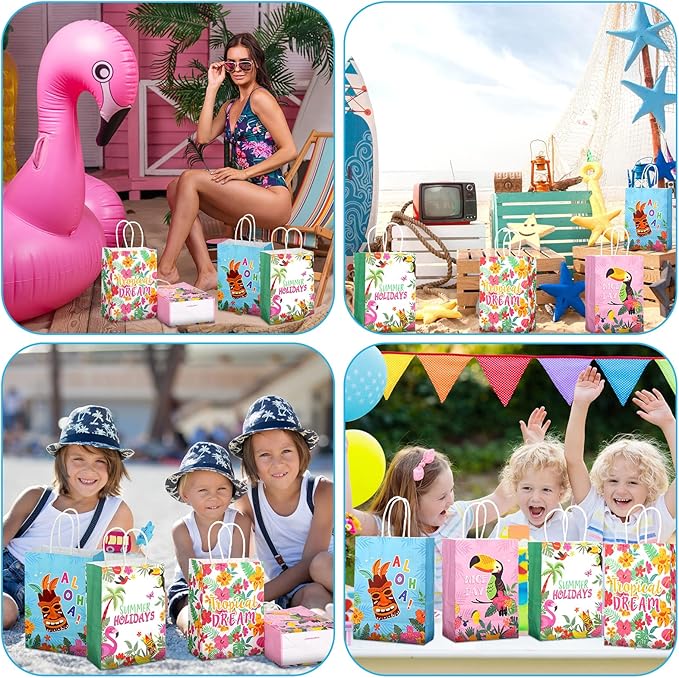 Outus 24 Pcs Summer Hawaiian Party Favor Bags Tropical Goodie Gift Paper Bags with Handles Aloha Tiki Luau Palm Leaves Flamingo Treat Candy Pouch for Summer Party Birthday Decor Baby Shower Supplies