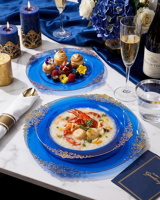 Nervure 350PCS CLear Blue Plastic Plates - Blue Gold Plastic Dinnerware Sets for 50 Guests - 100 Disposable Plates, 150 Silverware, 50 Cups, 50 Napkins for Wedding & Party
