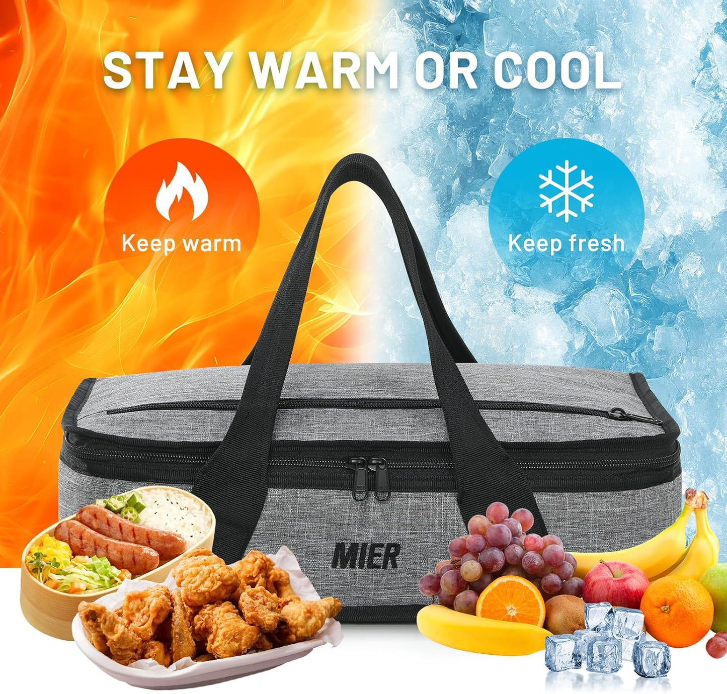 MIER Insulated Casserole Carrier for Hot or Cold Food Thermal Food Carrier Bag for Lasagna Potluck Parties Picnic Cookouts, Fits 9"x13" Baking Dish/Foil Pan, Gray