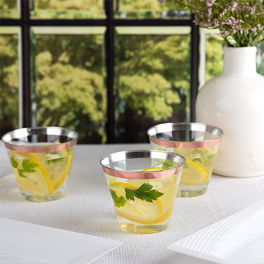 PLASTICPRO 9 oz Disposable Plastic Party Cups,Old fashioned Designed Tumblers, Crystal Clear (Clear With Rose Gold Rim, 200)