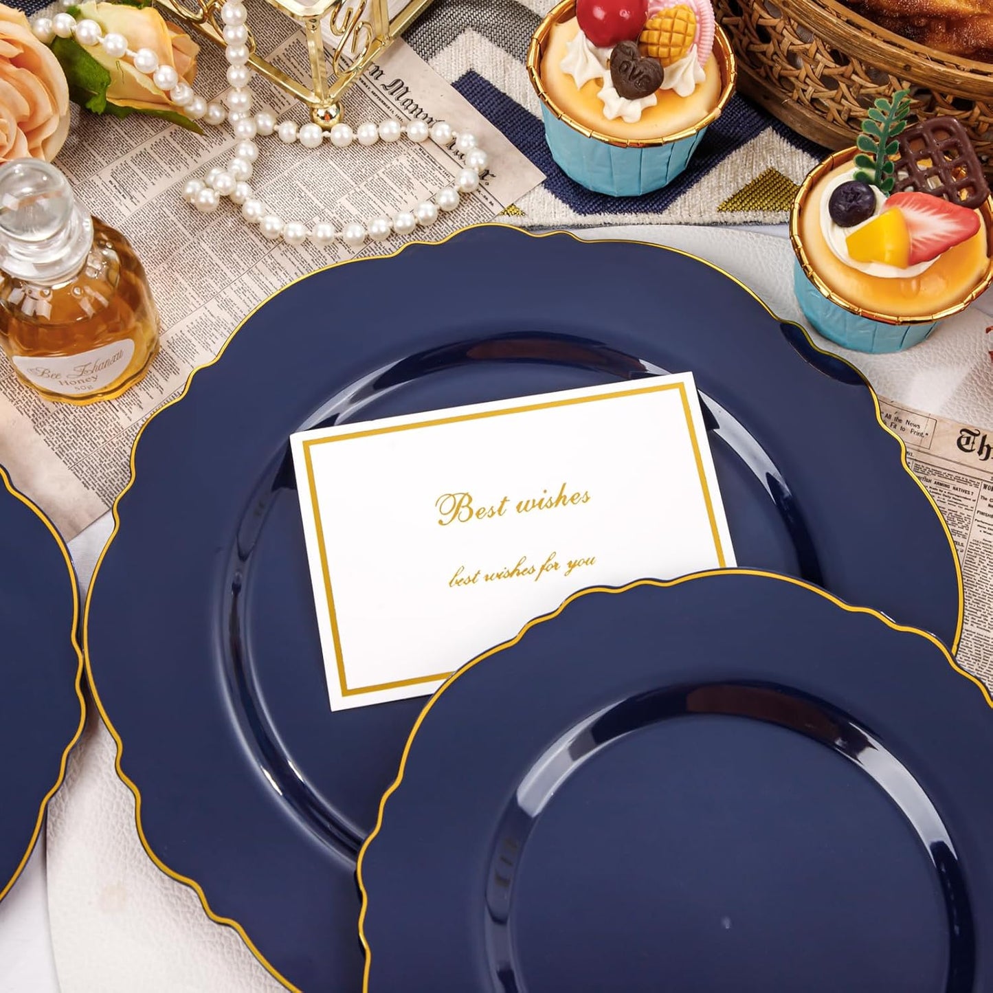 WDF 100pcs Blue Plastic Plates - Baroque Blue&Gold Disposable Plates for Parties/Wedding-50Plastic Dinner Plates 10.25in, 50Salad Plates 7.5in
