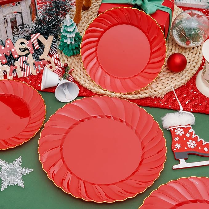 U-QE 100PCS Red Plastic Plates - Heavy Duty Red Plates Disposable for Party with Gold Rim - Include 50PCS 9inch Dinner Plates and 50PCS 6inch Dessert/Salad Plates for Party