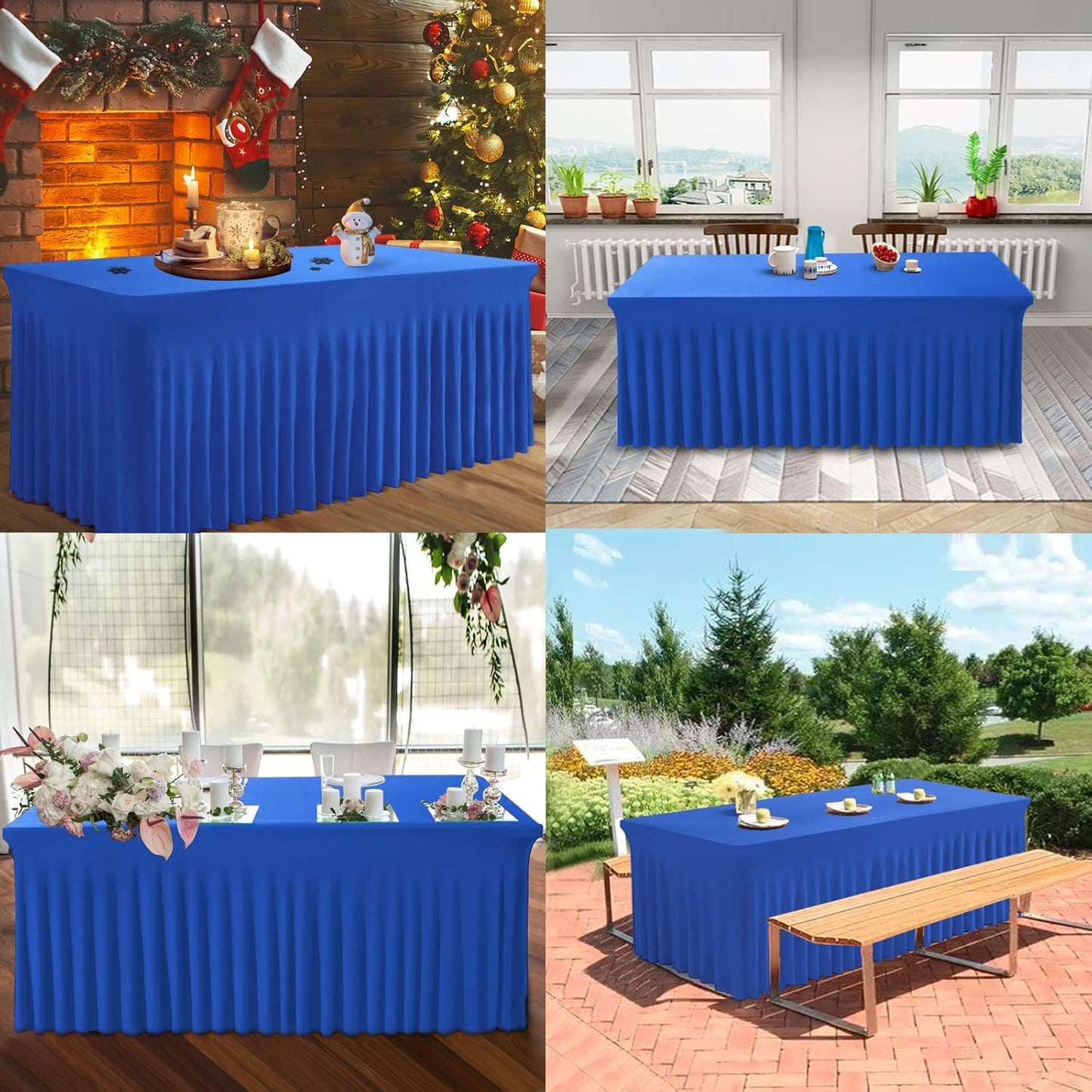 Table Skirts for Rectangle Tables 6ft - One-Piece Royal Blue Tablecloths and Skirt, Wrinkle Resistant Ruffles Elastic Cover for Banquets, Weddings, Events, Parties