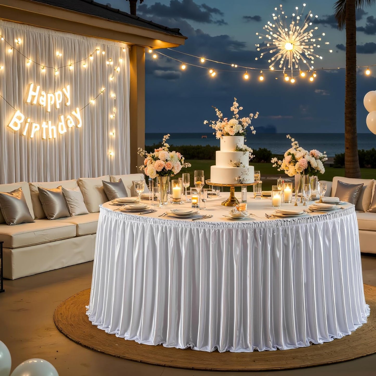 Wish Care 9ft Silver Satin Table Skirt for Rectangle Tables Wrinkle Free Glitter Desk Skirts Pleated Ruffle Table Cloth for Wedding Birthday Baby Shower Party Banquet Cake Teacher Table Decorations
