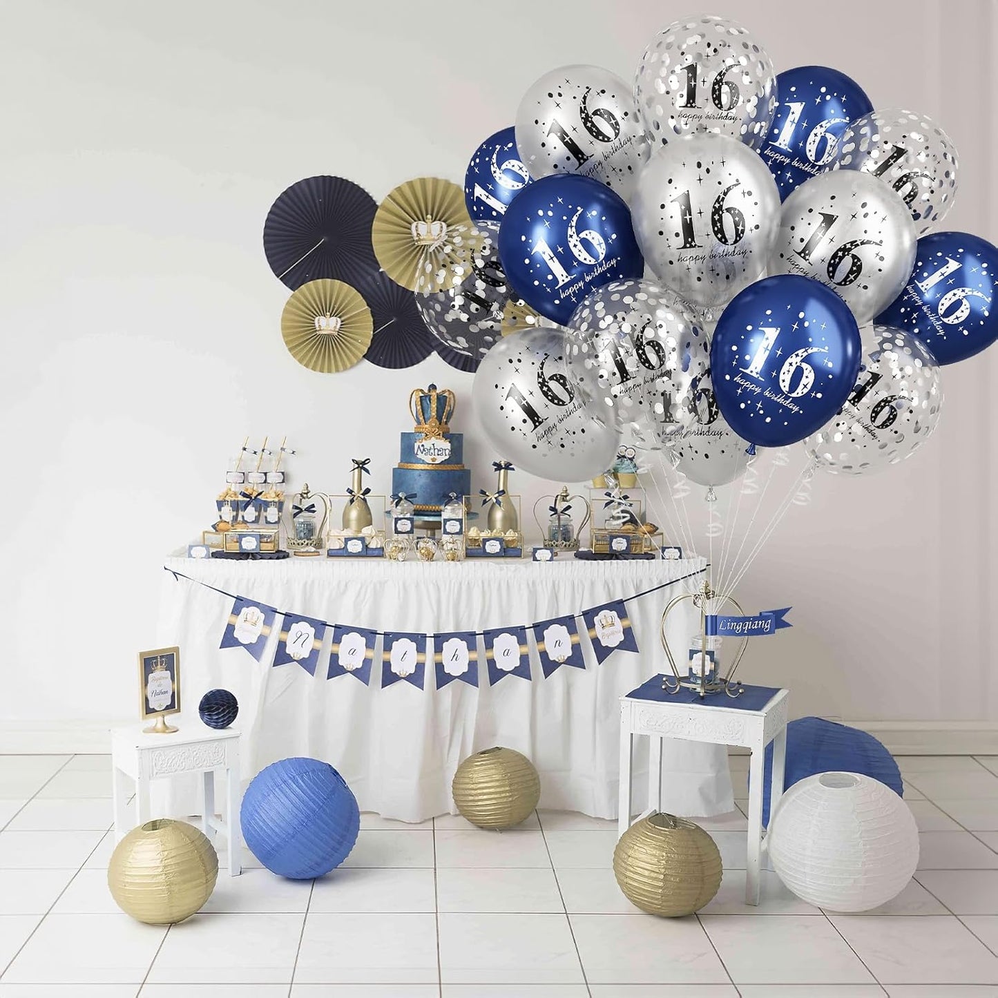 16th Birthday Decorations Boys, Pack of 15 Happy 16th Birthday Balloons Latex Helium Navy Blue Silver Confetti Balloons for Age Sixteen 16 Years Old Birthday Party Decorations Celebration Supplies