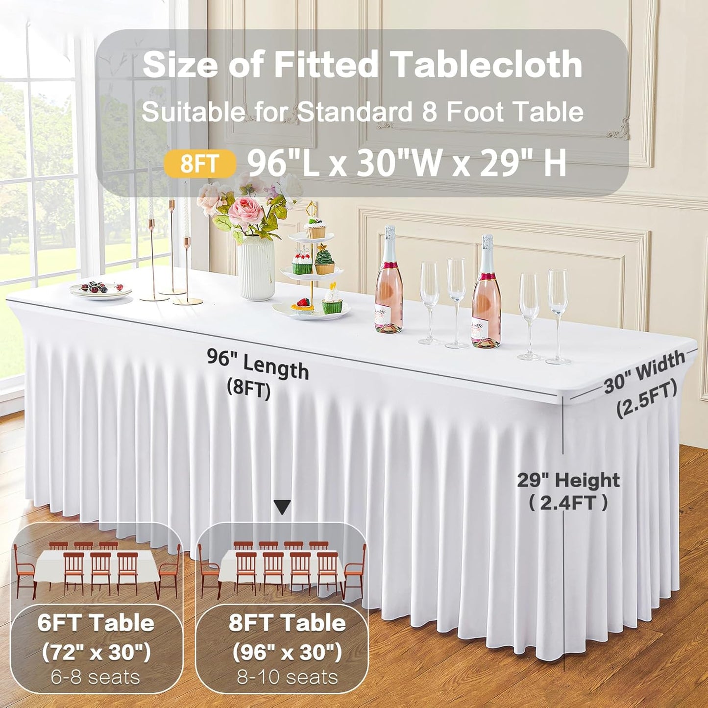 8Pack White Spandex Tablecloths for 8 Foot Rectangle Tables, Wrinkle Free Stretchy Fitted 8FT Table Cloths Cover Desk Skirt for Parties Weddings Birthday Banquet Baby Shower Events