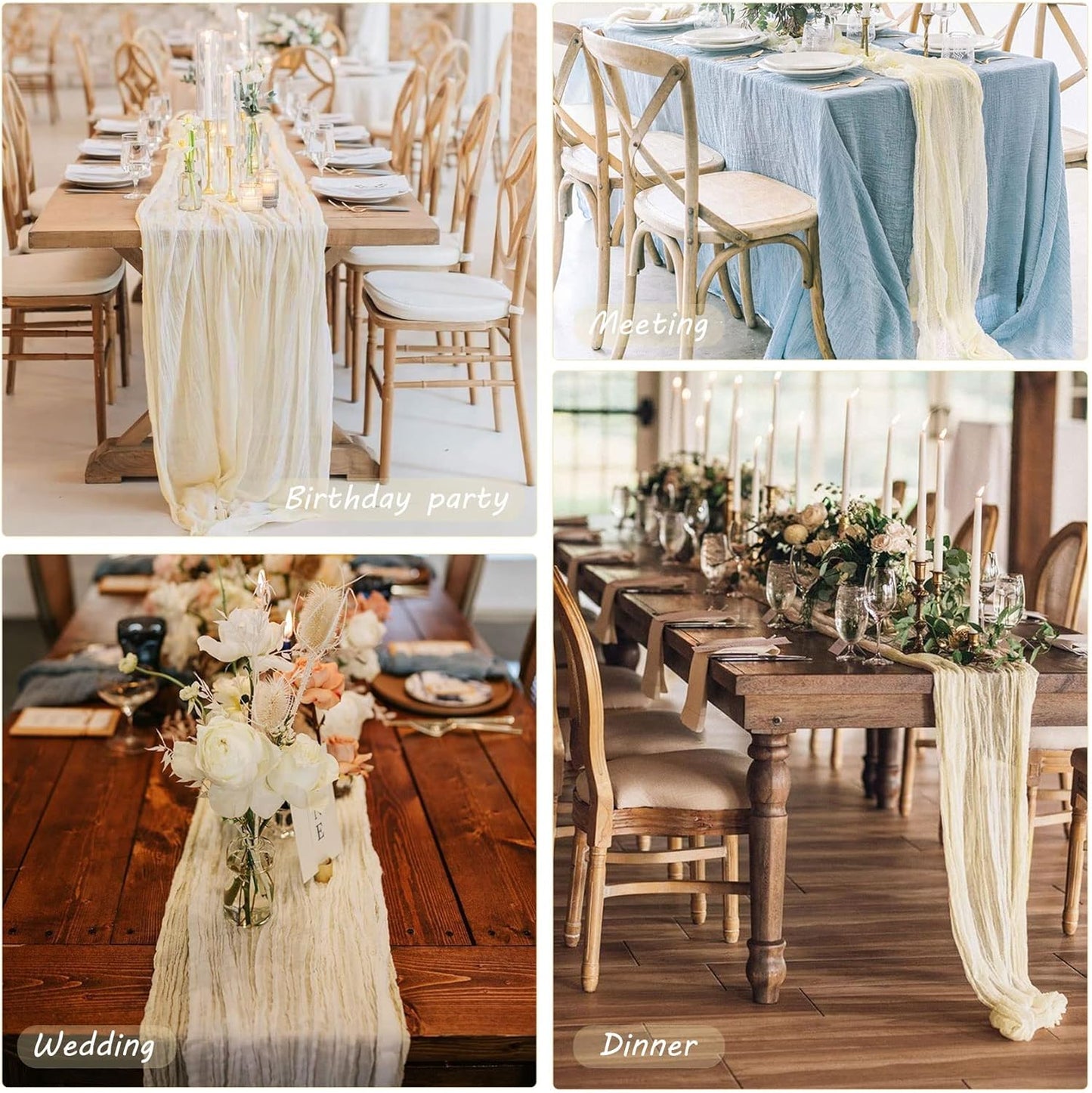 12 Pack 10Ft Cheesecloth Table Runner 35x120 Inch Boho Gauze Rustic Cheese Cloth Long Romantic Table Runner for Wedding Bridal Shower Birthday Party Table Decor (Beige)