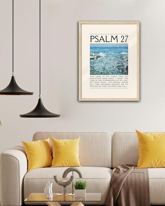 EcoHest OAK Wood Jesus Framed Wall Art, 12x16in Psalm 27 Bible Verse Christian Wall Art, Modern Faith Religious Bedroom Decor For Living Room Bathroom Christian Merch Gift 1Pack
