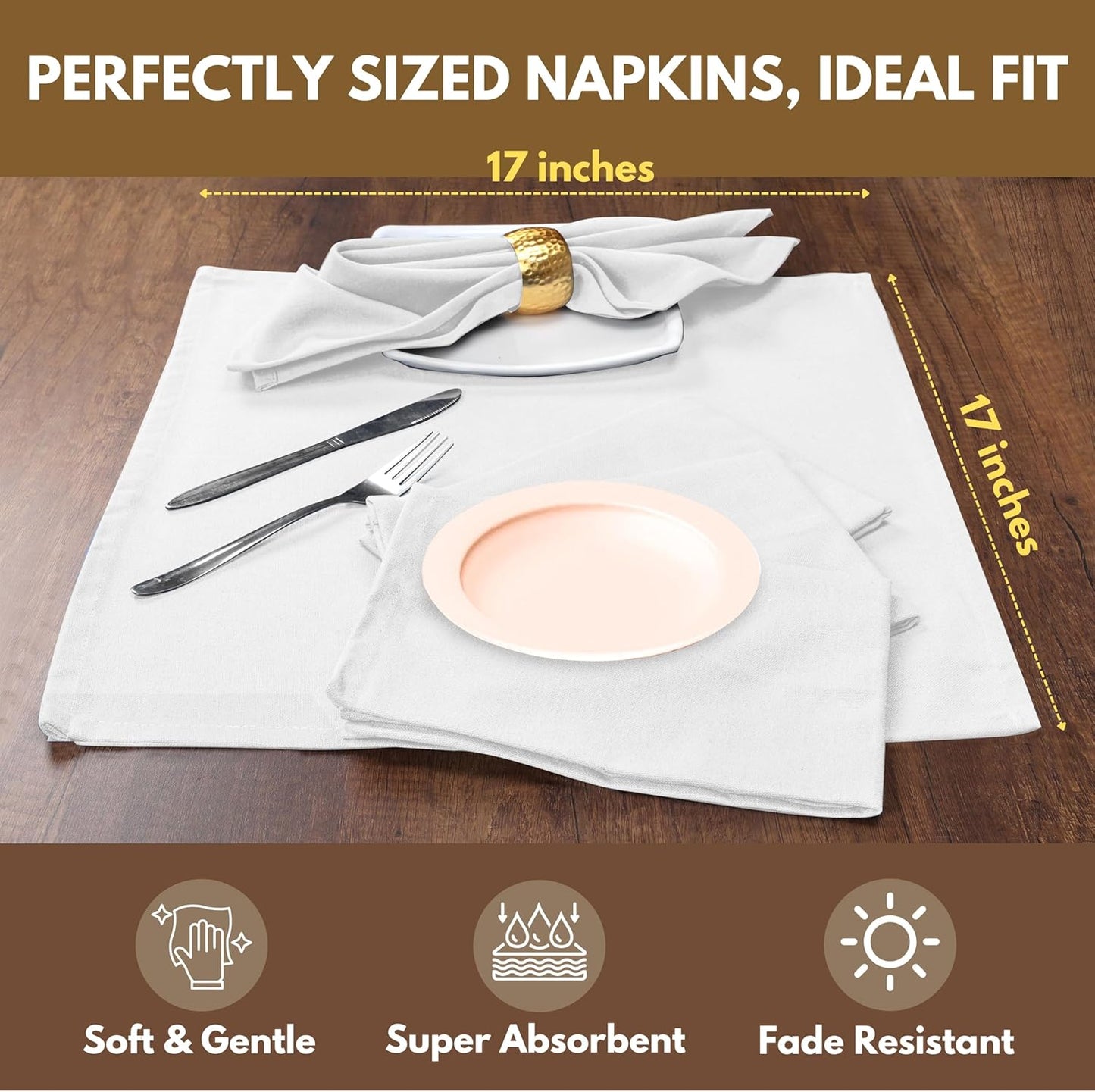Native Fab Cloth Napkin Set of 12, 100% Cotton, Washable Fabric, Reusable Cloth Napkin 17x17 inches, Table Decor Napkins for Wedding, Dinner, Events - White
