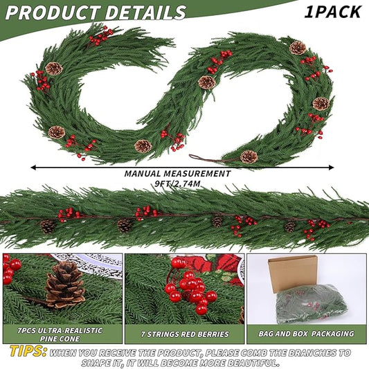 1 Pack 9FT Christmas Norfolk Pine Garlands with Pine Cone Real Touch Christmas Garland Artificial Greenery Garland for Fireplace, Table, Wall, Stairs, Outdoor Holiday Décor