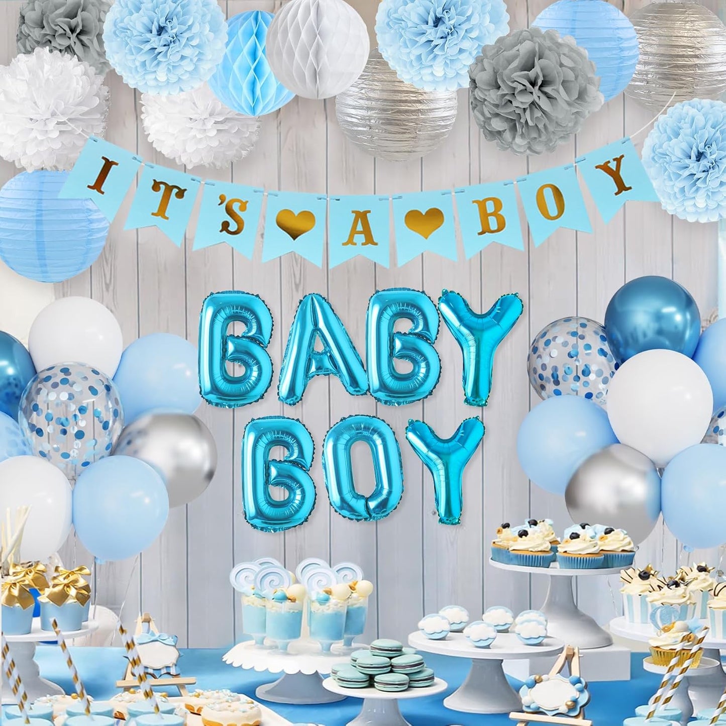 Ouddy Party Blue Baby Shower Decorations with Its a Boy Banner, Baby Boy Letter Metallic Blue Gray Silver Balloon Paper Pom Poms Honeycomb Ball for Baby Shower Gender Reveal Party Supplies