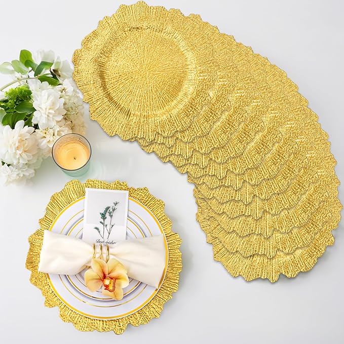 20pcs Gold Charger Plates,13 Inch Charger Plates Bulk,Round Ruffled Rim Chargers for Dinner Plate,Disposable Chargers Plate for Wedding,Party
