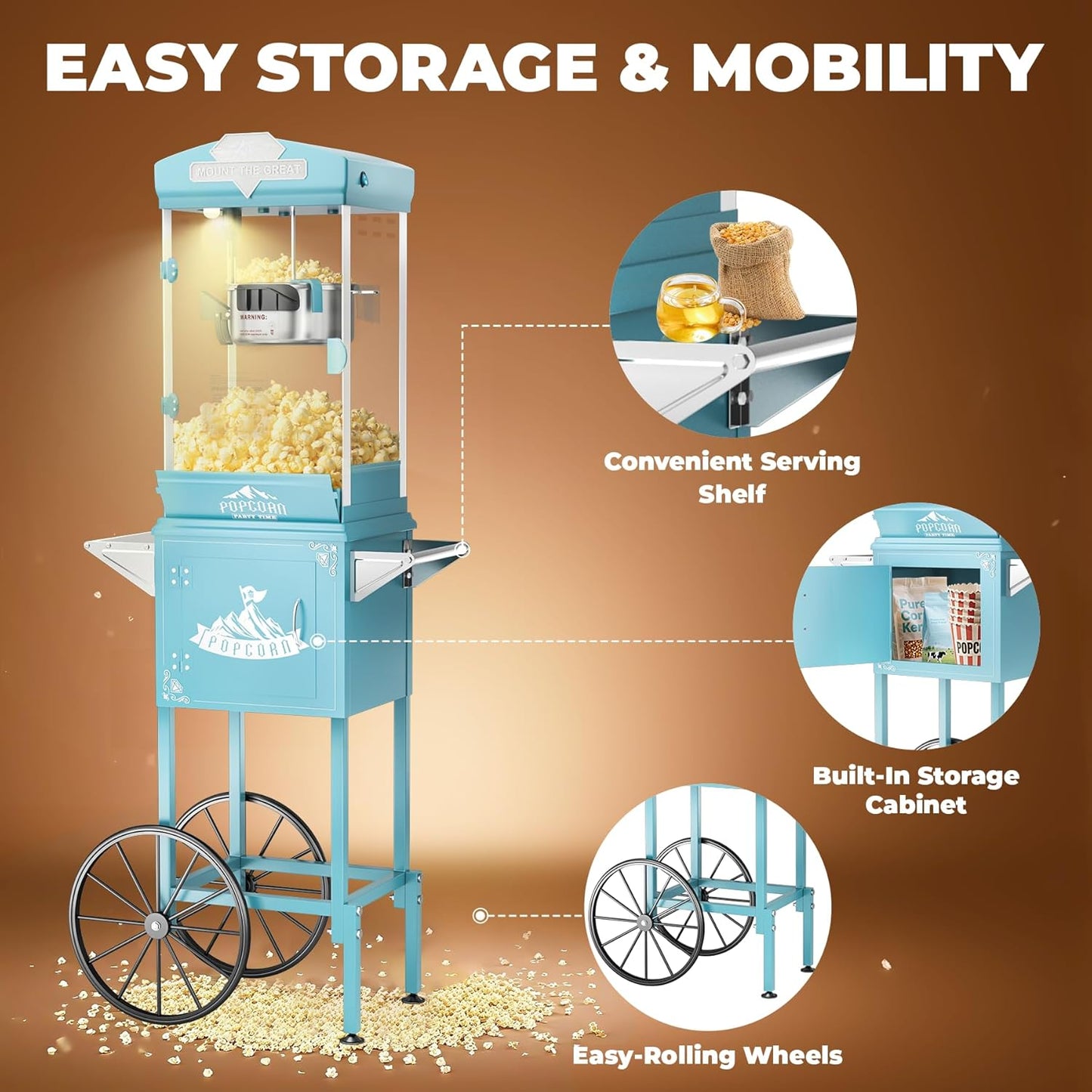 Popcorn Machine Cart with Wheel, 10 oz Popcorn Maker Machine with Stainless-Steel Kettle Makes Up to 40 Cups, Vintage Movie Theater Style Pop Corn Machine, Cyan