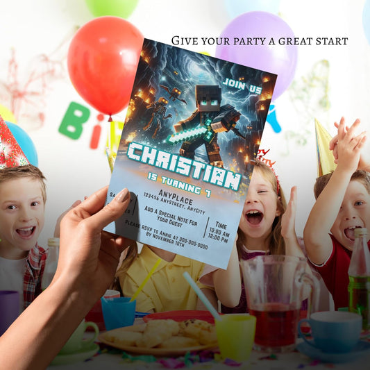 Fully Customizable minecraft Birthday Party Invitations, 4 x 6 inches, with Self-Sealing Envelopes, Gaming Theme Design, minecraft Birthday Invitations for Boys and Girls (Minecraft/Fire)