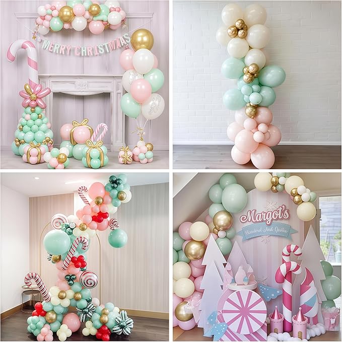 Pink and Green Balloons Pastel Green Pink White Sand Gold Metallic Balloons Nutcracker Fairy Sugar Theme Balloon Set for Winter Wonderland Snow Ice Spring Birthday Christmas Baby Shower Party Decor