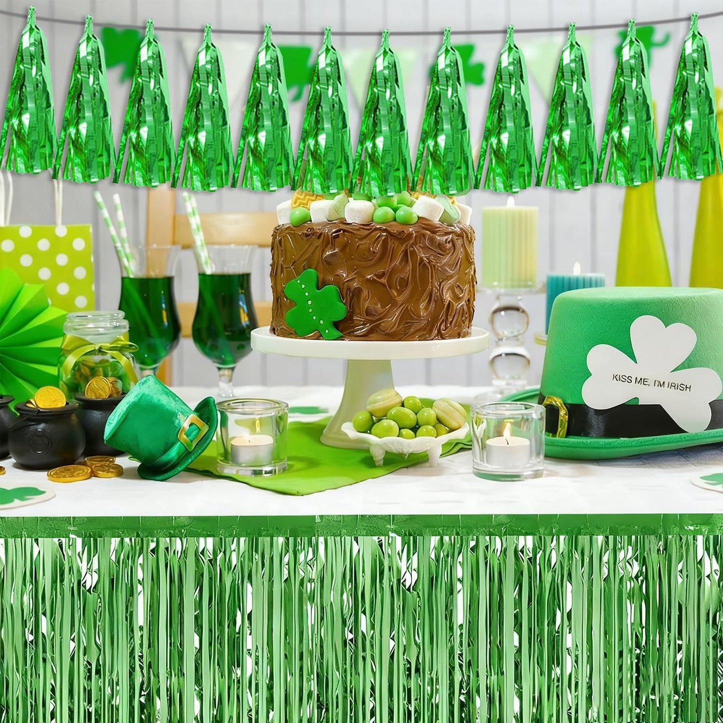 3P Green Tassel Banner Garland Metallic Foil Fringe Banner Tinsel Tassels Streamer Banner Backdrop for Parade Floats, 2025 Graduation Decorations, Father's Day Party Decoration