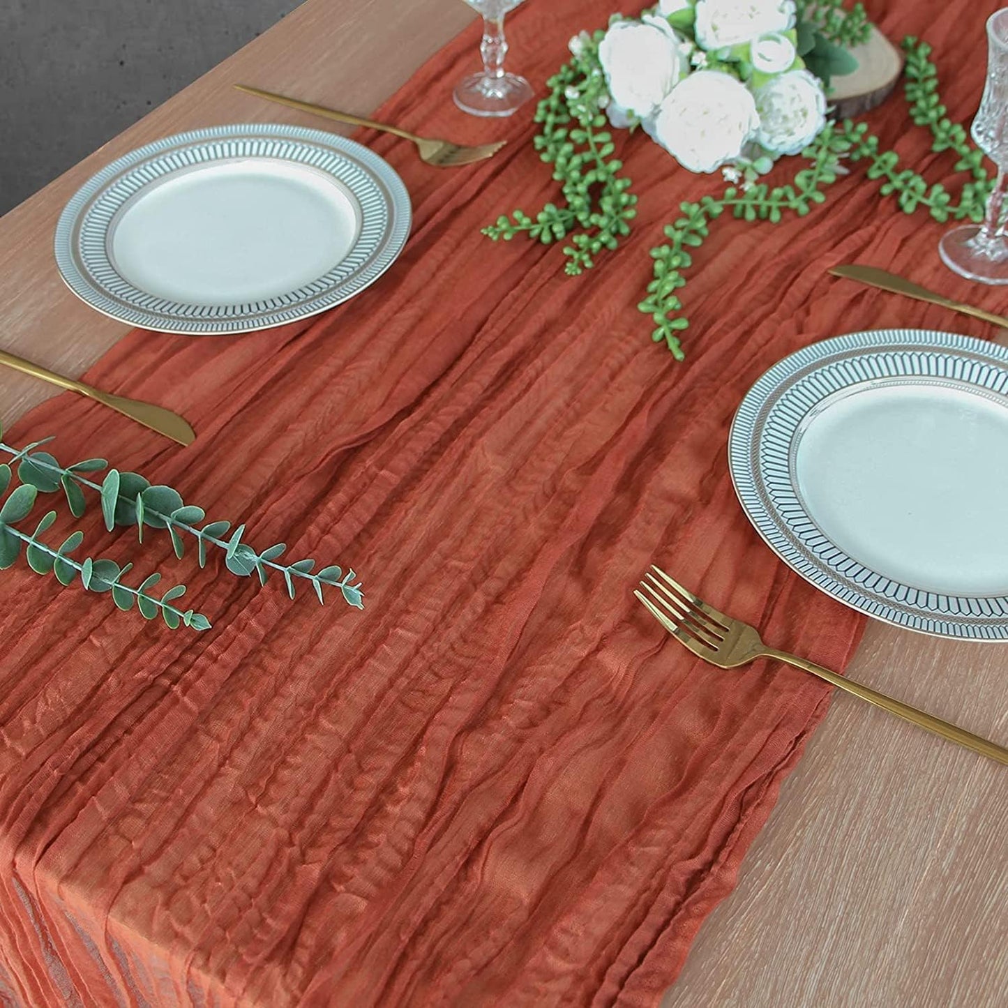 FEXIA 6 Pack Terracotta Table Runner 35x120 Inches Rust Cheesecloth Table Runner Rustic Burnt Orange Gauze for Boho Wedding Decor Reception Bridal Shower Centerpiece Engagement (Terracotta)