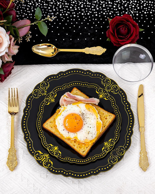 Ciaell 350 PCS Black Plastic Plates - Black and Gold Plates - Black Disposable Plates Include 50 Disposable Plate, 150 Heavy Duty Silverware, 50 Cups, 50 Napkins for Wedding & Party & New Year