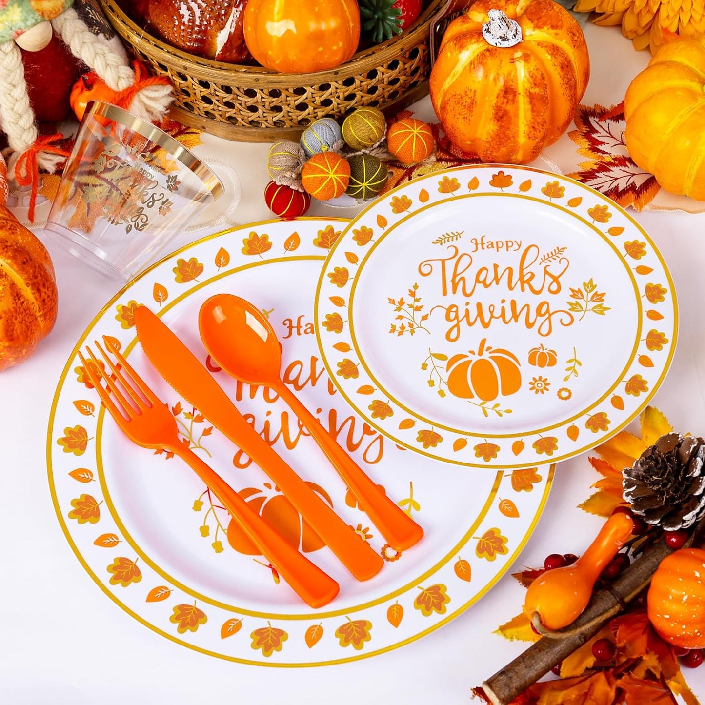 Supernal 175pcs Thanksgiving Dinnerware Set Gold Plastic Dinnerware Set Include Disposable Utensils,Gold Plastic Cups and Napkin,Disposable Dinner Plate and Dessert Plste Set for Thanksgiving