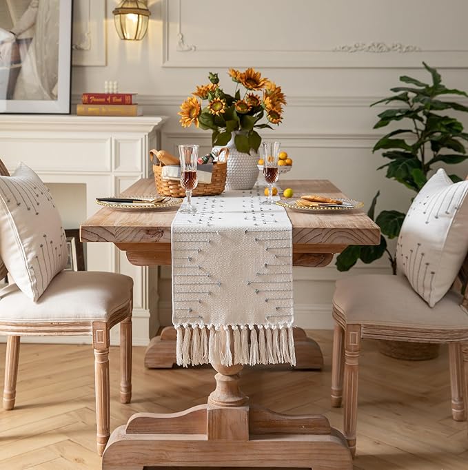 Boho Table Runner 13 x 90 Inch Long Natural Cotton Woven Runner with Tassels for Home Dining Table décor, for Modern Farmhouse Decor Coffee Table Runner, Grey and Beige