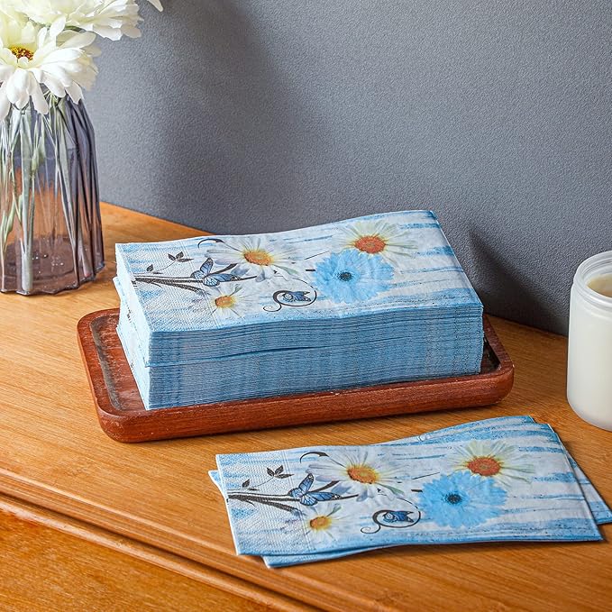 Karenhi 200 Pcs Blue Floral Napkins 2 Ply Daisy Disposable Hand Towels for Bathroom Flower Disposable Napkins Summer Decorative Disposable Napkins Paper Hand Towel for Baby Shower Birthday Party