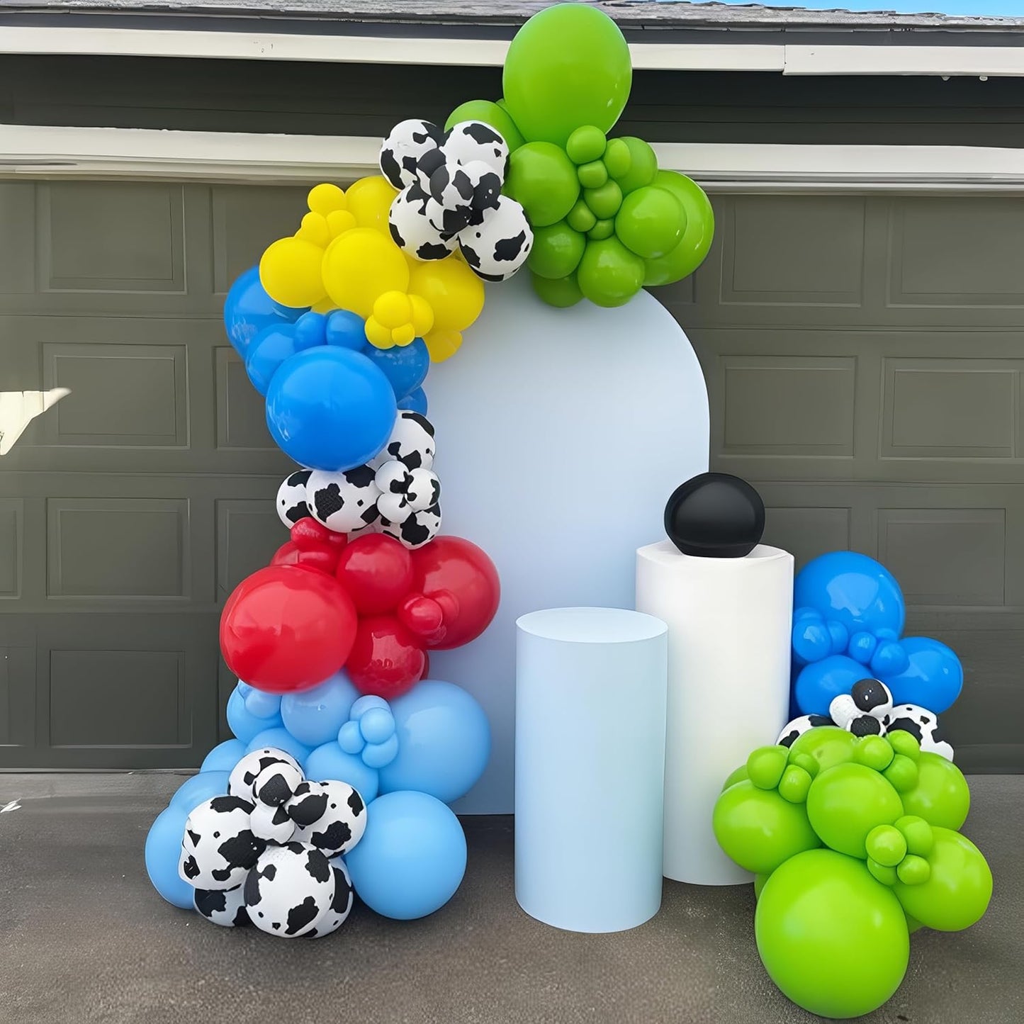 Red Yellow Blue Balloons Arch Kit Red Blue Green Yellow Latex Balloon Garland with Cow Print Party Balloons for Kids Boys Birthday Party Farm Themed Party Decorations
