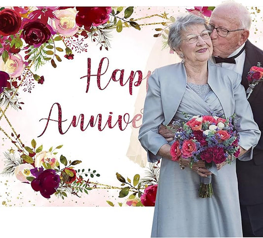 Homewelle Happy Anniversary Backdrop 5Wx3H Feet Polyester Fabric Elegant Burgundy Flower Rose Floral Plant Botanical Decoration Green Leaves Gold Glitter Photography Background Photo Shoot Props