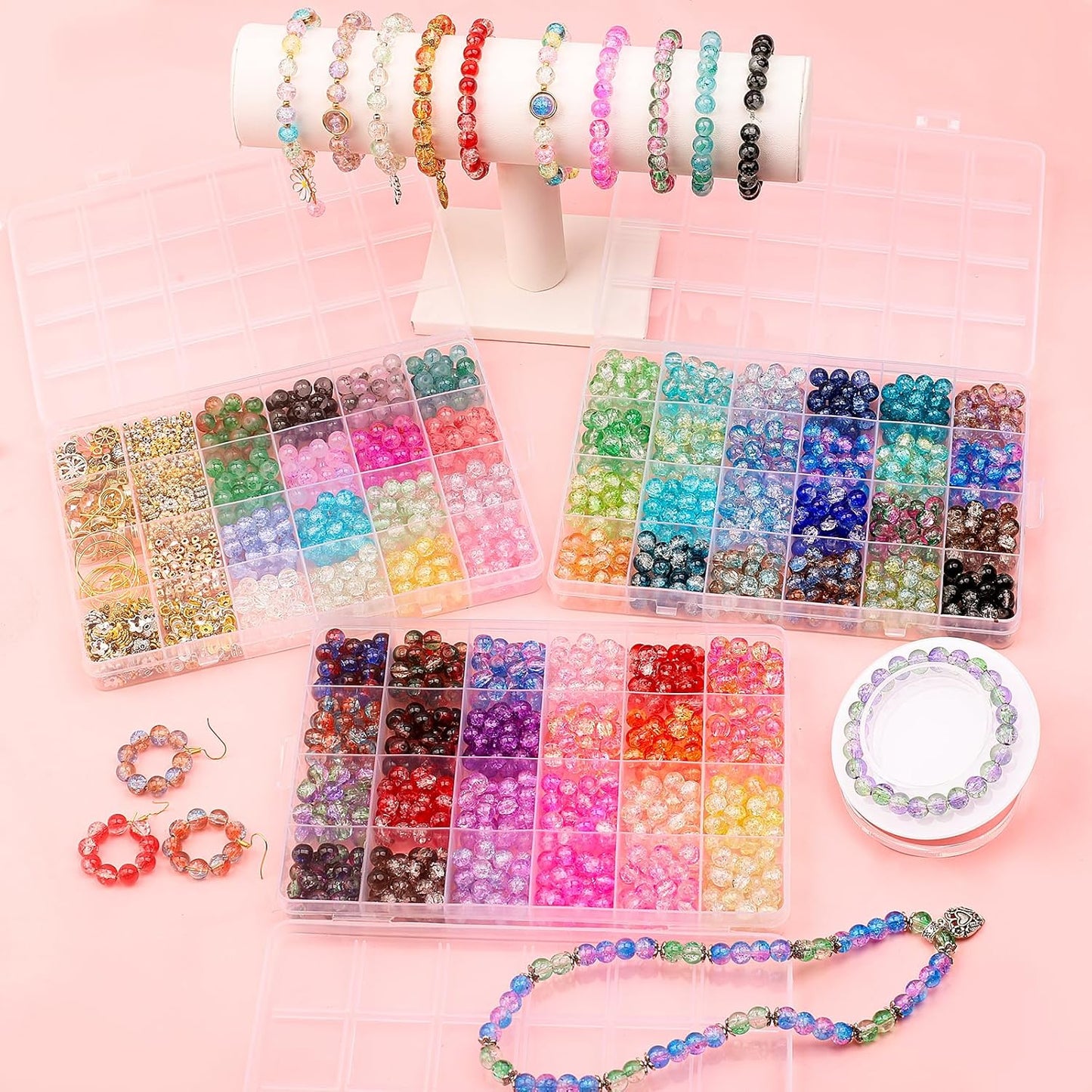 UFU 8mm Glass Beads Bracelet Making Kit, 1540+ Pcs 62 Colors Crackle Glass Beads for Jewelry Making, Round Crystal Beads for Bracelets Necklace Earrings DIY Crafts Gifts