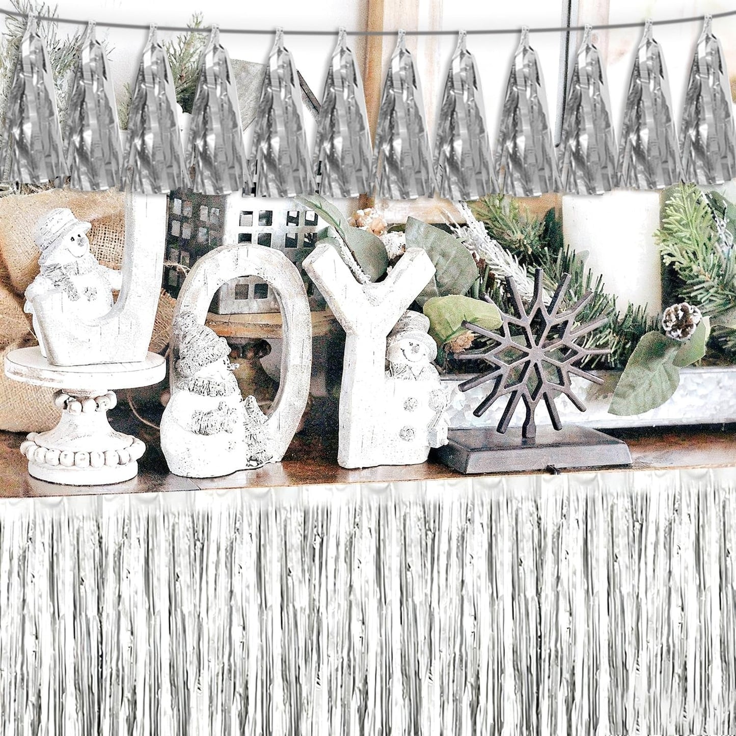 3P Silver Tassel Banner Garland Metallic Foil Fringe Banner Tinsel Tassels Streamer Banner Backdrop for Parade Floats, 2025 Graduation Decorations, Christmas, Wedding Party Decoration