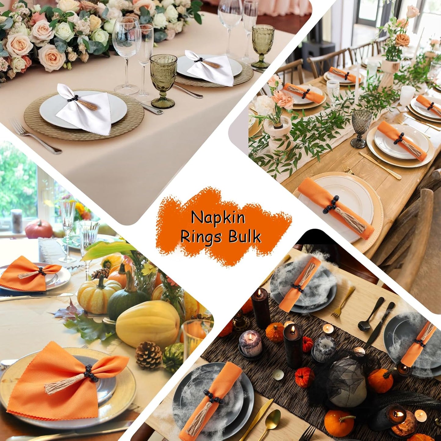 AWTWOW Napkin Rings Set of 6, Black Wooden Bead Napkin Rings for Table Decor, Hallowen Farmhouse Napkins Rings for Boho Table Decor, Fall Banquet, Wedding, Holiday Dinner Party