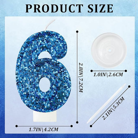 Zailo Birthday Number Candles, Glitter Number Candle Cake Decorations with Sequins, Cupcake Decorations for Girls, Women, Party Anniversary Celebrations (Number 6, Blue)