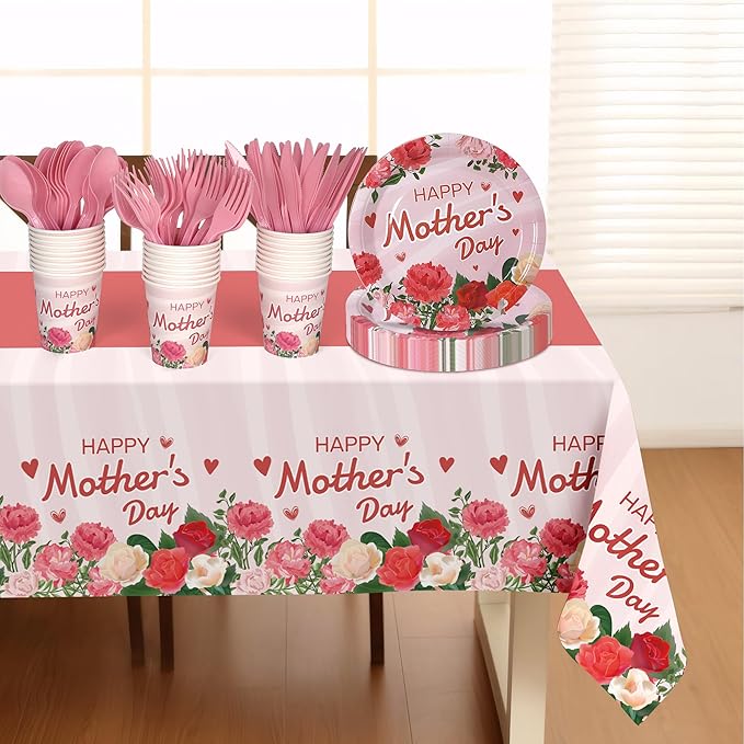 132 Pcs Mother's Day Party Supplies for 26 Guests | Disposable Pink Tableware Set with Plates, Cups, Cutlery & Tablecloth