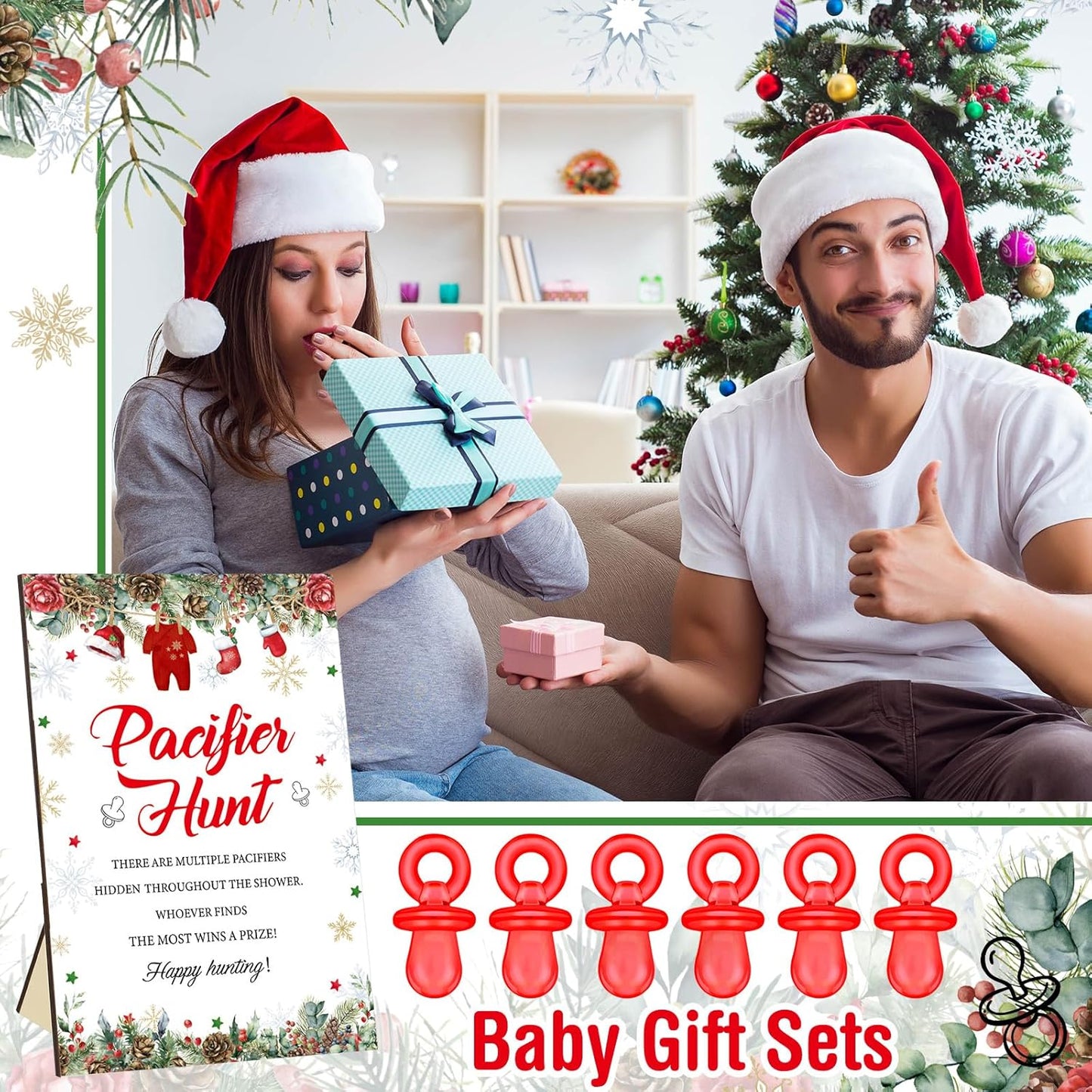 Thyle 51 Pcs Santa Themed Baby Shower Games Pacifier Hunt Include Hunt Sign and 50 Acrylic Pacifiers a Santa Baby Is on the Way Party Decorations Christmas Theme Gender Reveal Gift Sets Party Decor